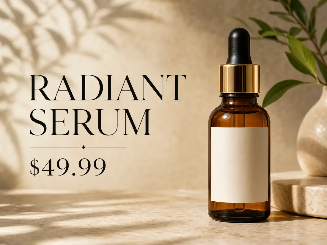 Product photo with editable serum name and price text