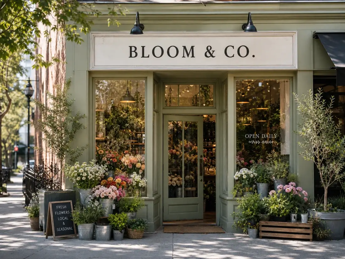 Flower shop storefront photo with editable sign text
